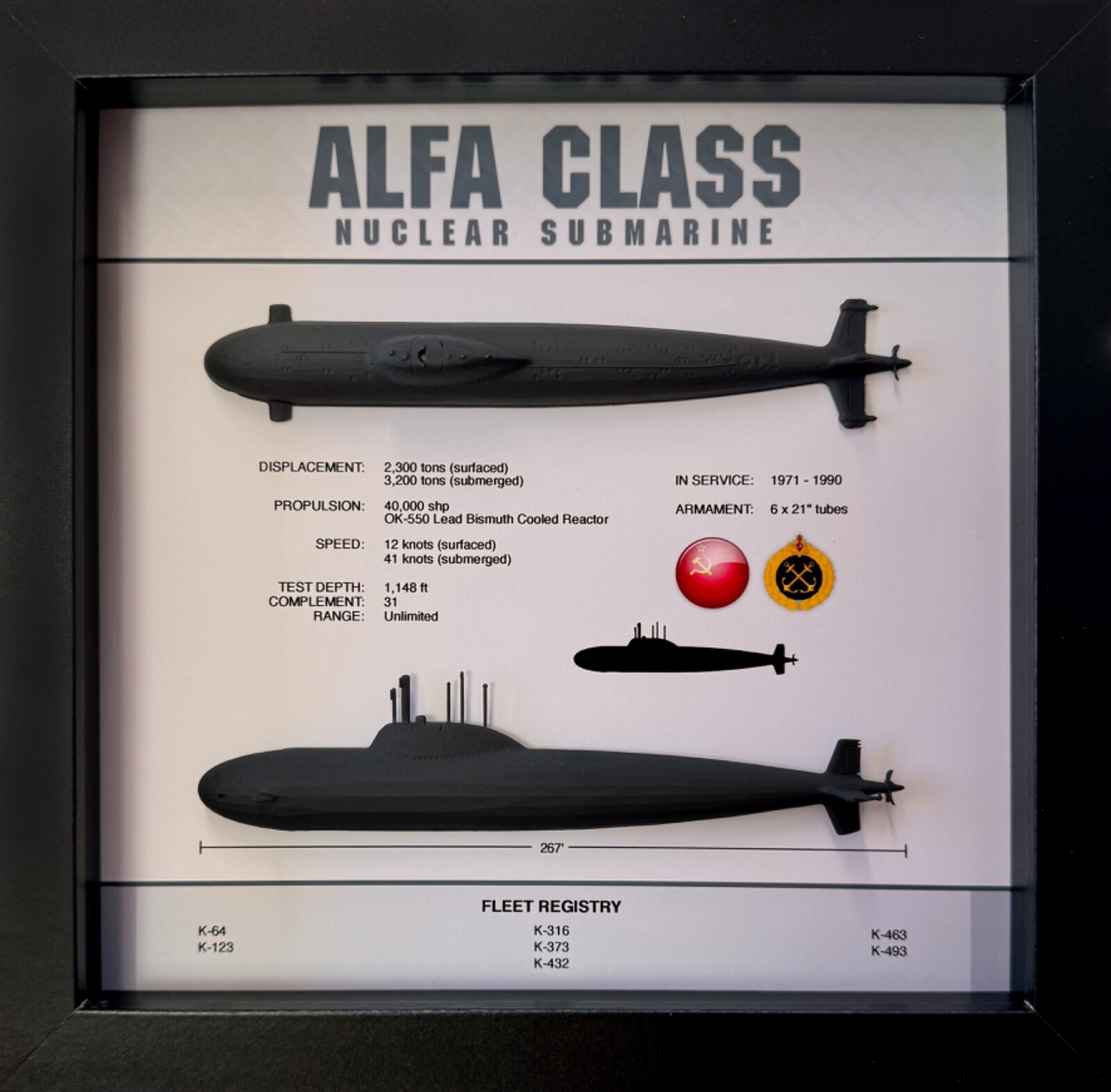 Alfa Class Submarine Memorial Display Shadow Box, Project 705 Lira, 9 Alfa Class Submarine Memorial Display Shadow Box, Project 705 Lira, 9