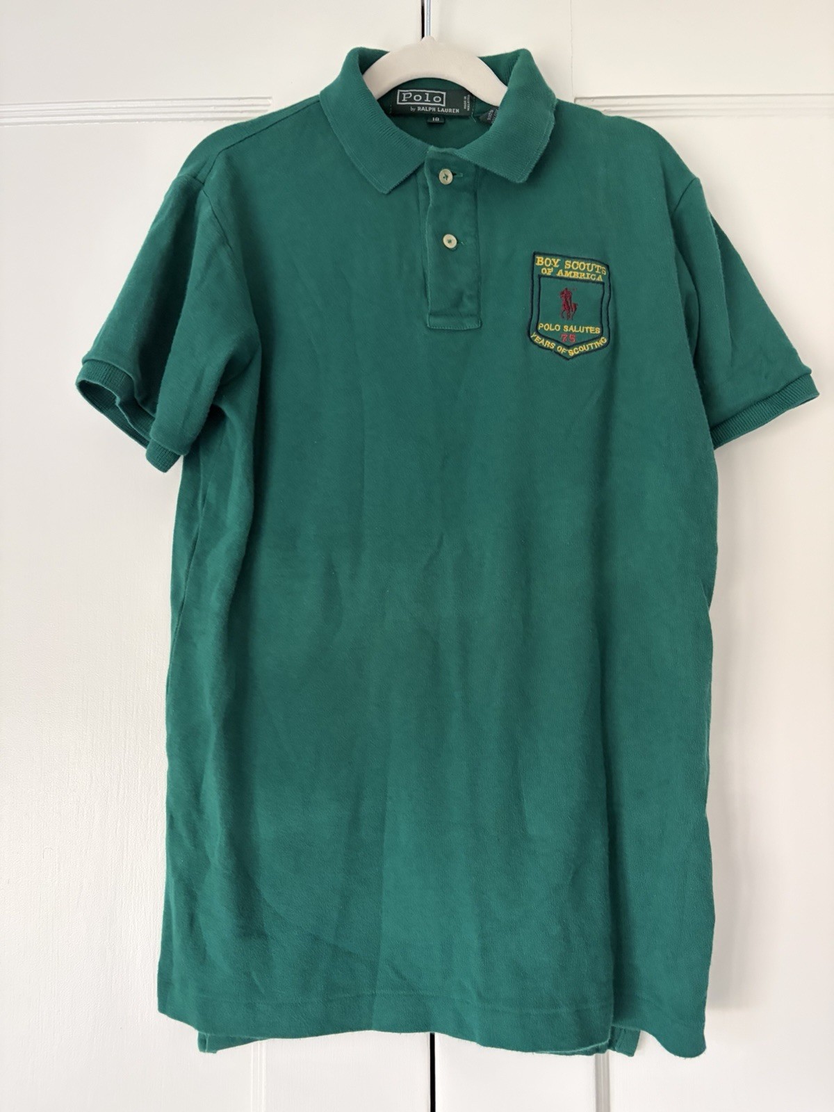 VTG 1985 Ralph Lauren Boy Scouts 75th Anniversary Polo Shirt Green Youth 18 XS VTG 1985 Ralph Lauren Boy Scouts 75th Anniversary Polo Shirt Green Youth 18 XS