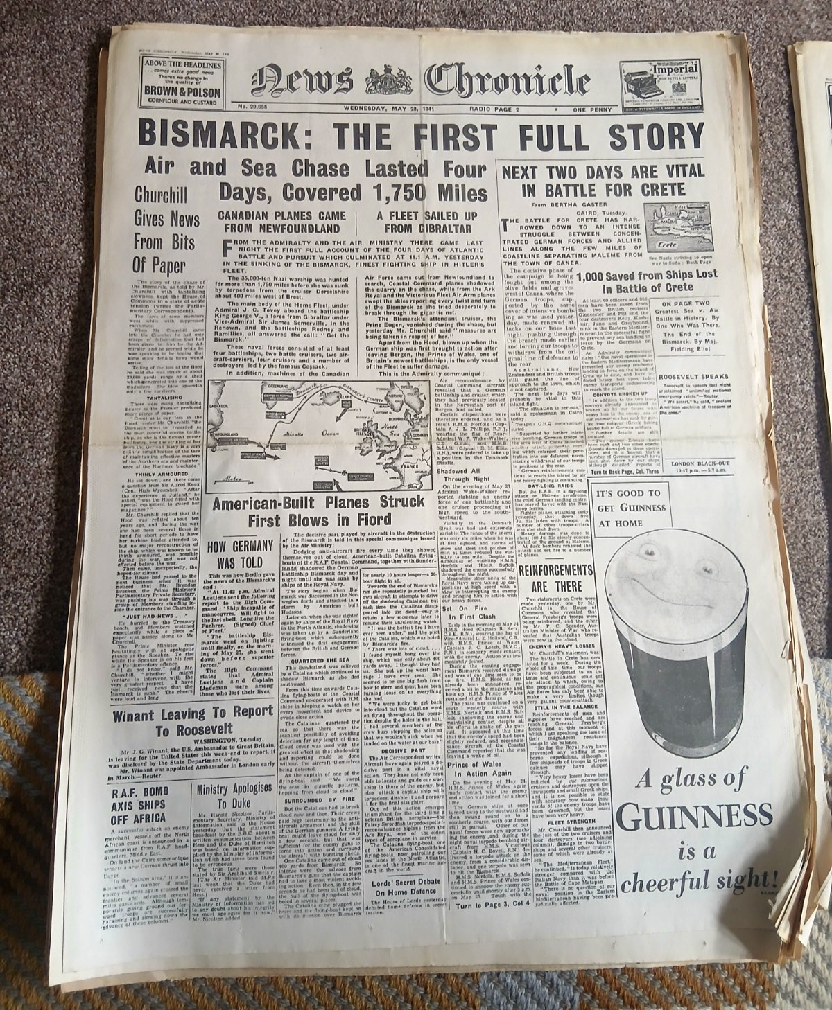 NEWS CHRONICLE May 28 1941 Bismarck sinking WW2 world war 2 original newspaper