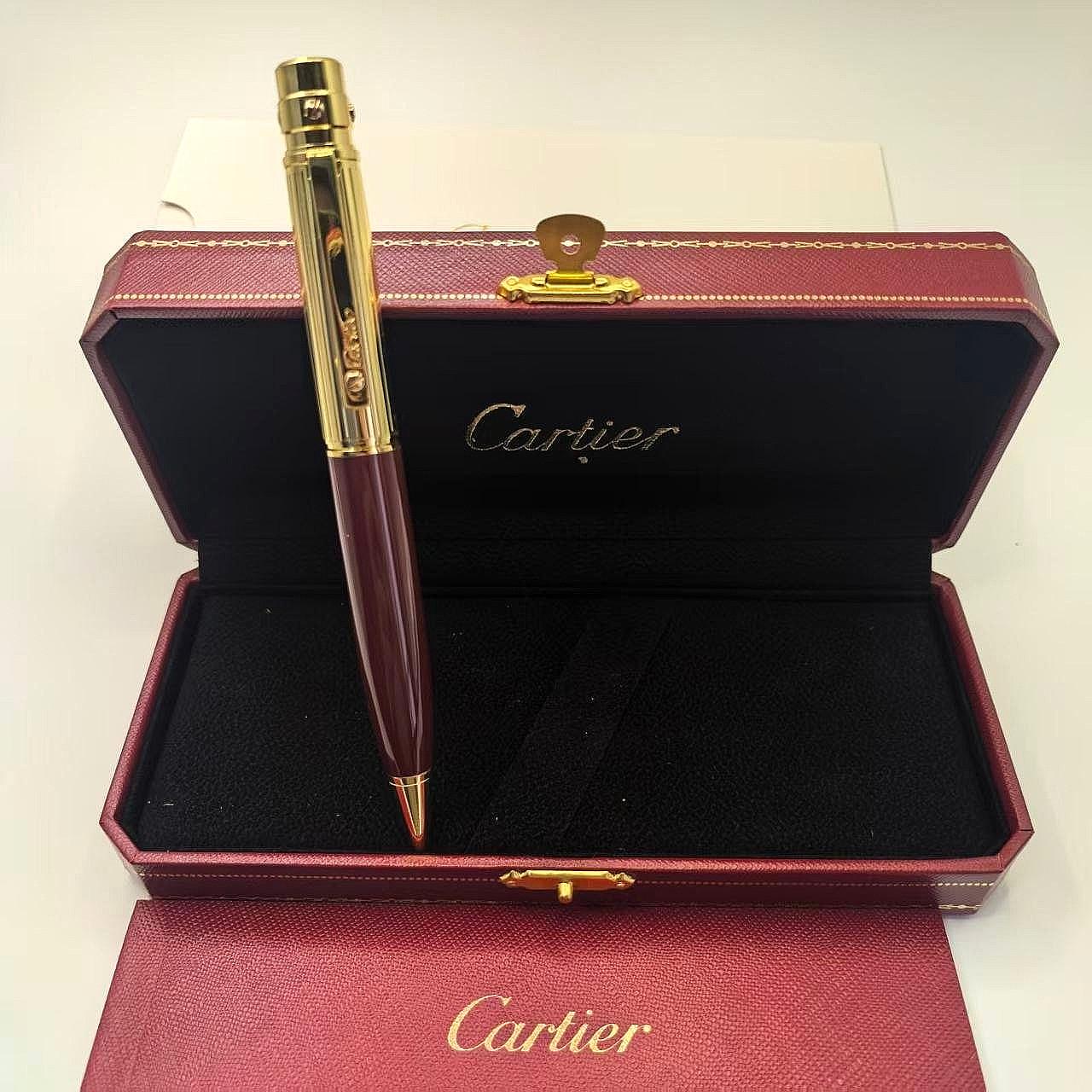 Vintage Cartier Must Red Lacquer Ballpoint Pen Gold Trim New in Box Luxury Gift