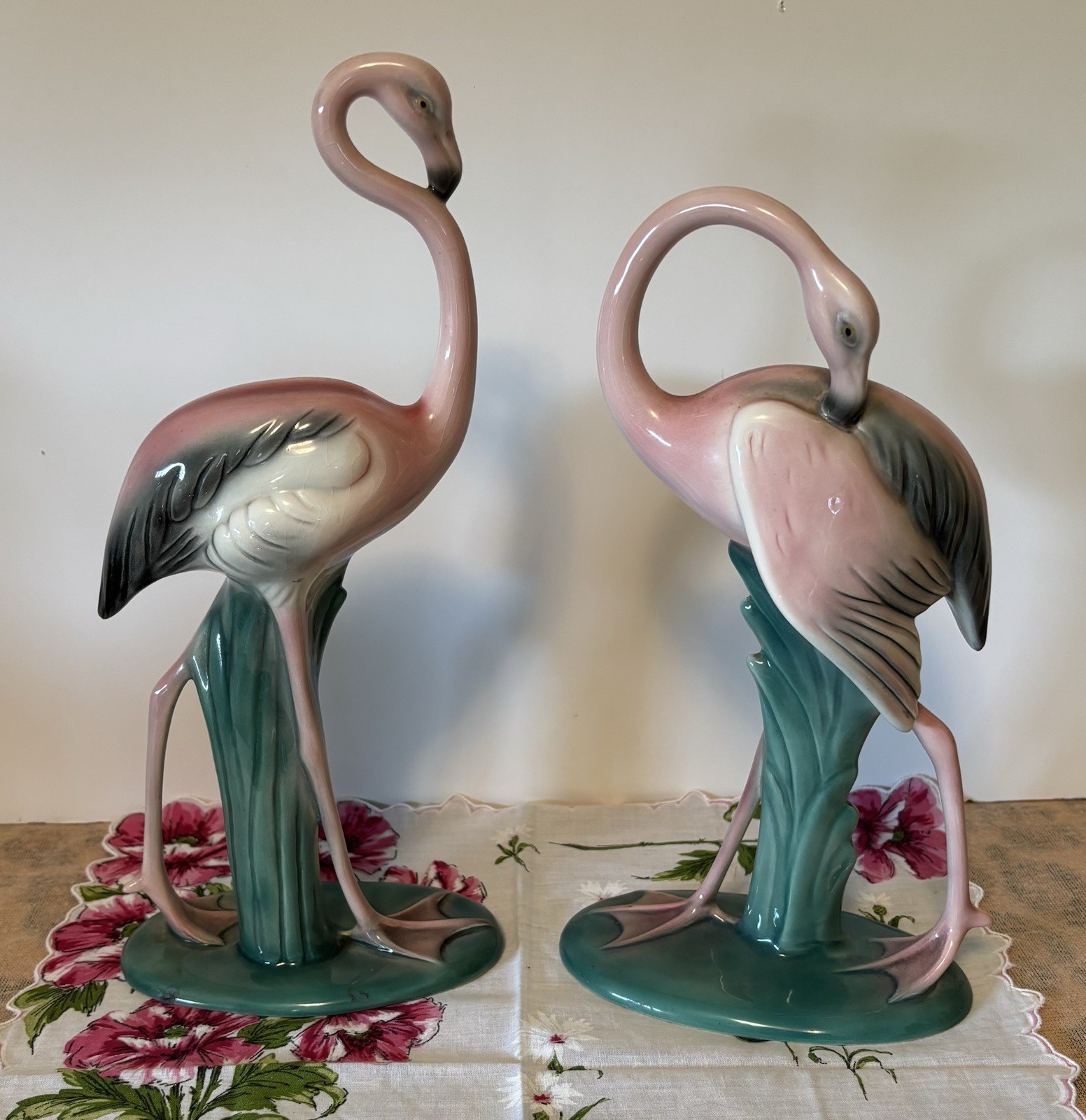 Pair Vintage WILL GEORGE Pasadena Pink FLAMINGOS Signed Ceramic MCM 11.25” 10” Pair Vintage WILL GEORGE Pasadena Pink FLAMINGOS Signed Ceramic MCM 11.25” 10”