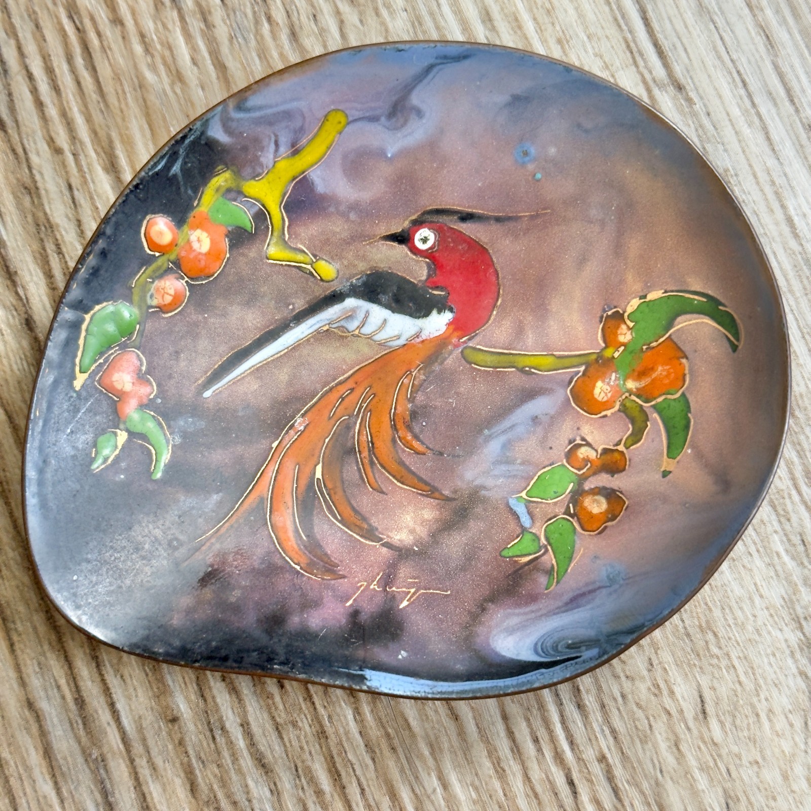 Vintage MCM Mid Century Modern Small Enameled Copper Cloisonne Bird Bowl Holland