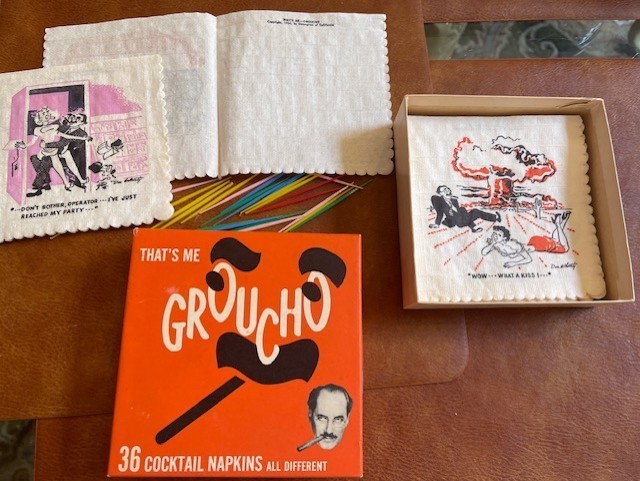 Vintage 1954 THAT’S ME GROUCHO Risqué Cocktail Napkins Set 15 w/Box+toothpicks