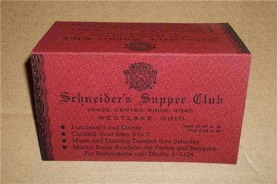 VINTAGE SCHNEIDER\'S SUPPER CLUB RESTAURANT CENTER RIDGE WESTLAKE OHIO TABLE CARD