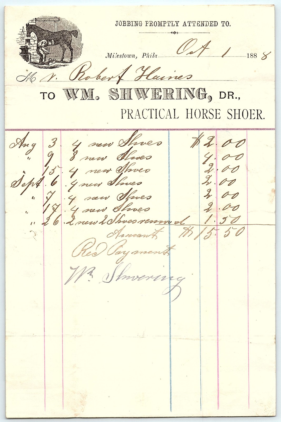 1888 Wm. Shwering Practical Horse Shoer Billhead Phila.