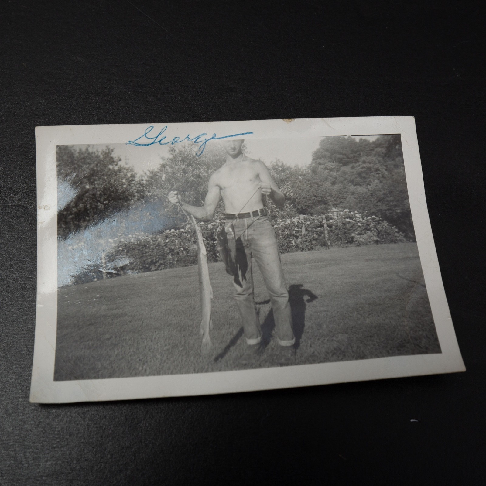 Vtg 1950s Photo Handsome Man Shirtless Wearing Jeans Holding Fish Labeled George