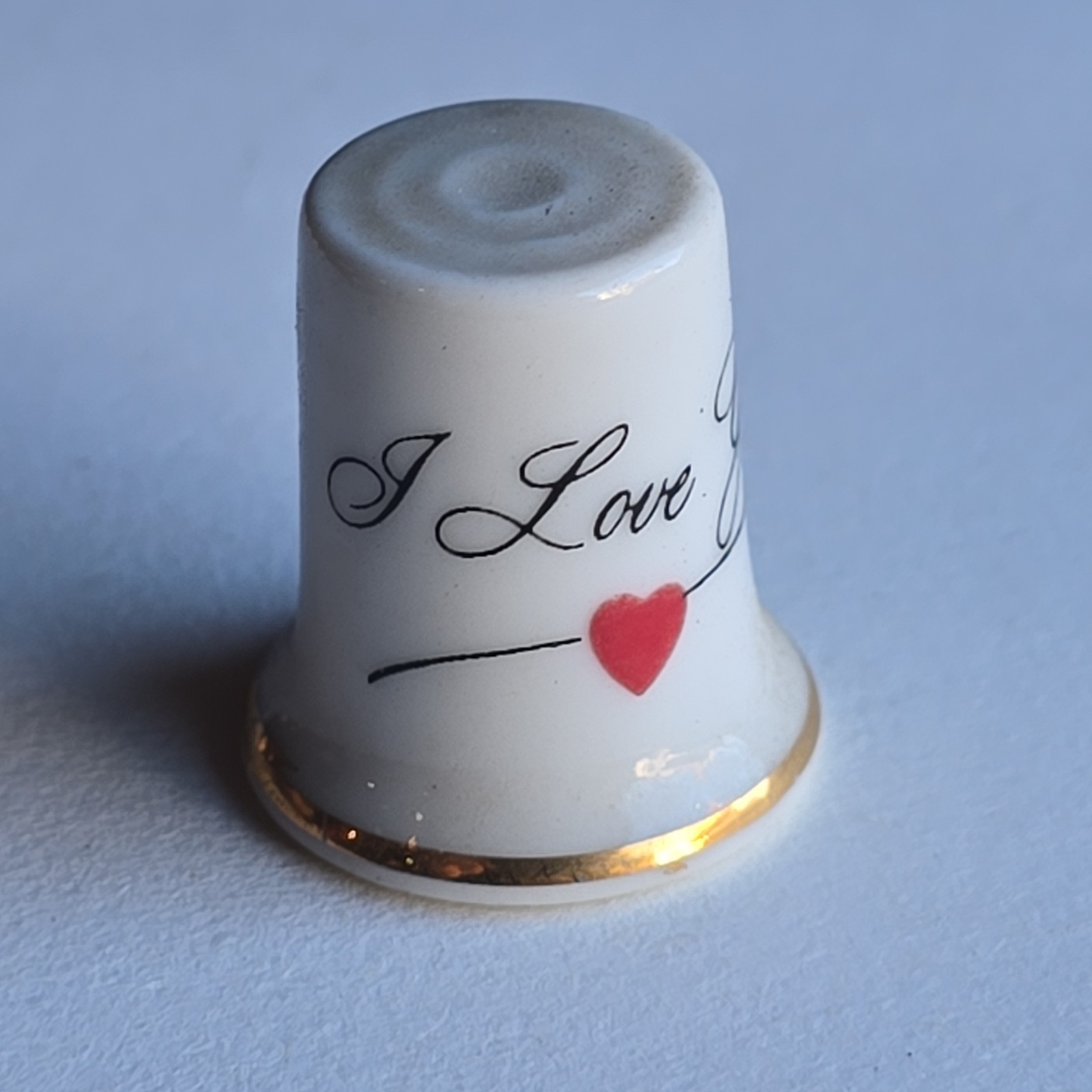 Vintage Thimble Porcelain I Love You with A Red Heart Gold Trim Band