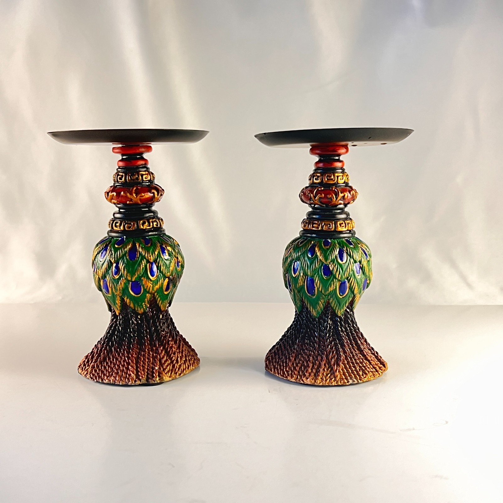 Pair of Vintage Peacock Feather Candle Holders Painted Resin Pillar Stand Decor Pair of Vintage Peacock Feather Candle Holders Painted Resin Pillar Stand Decor