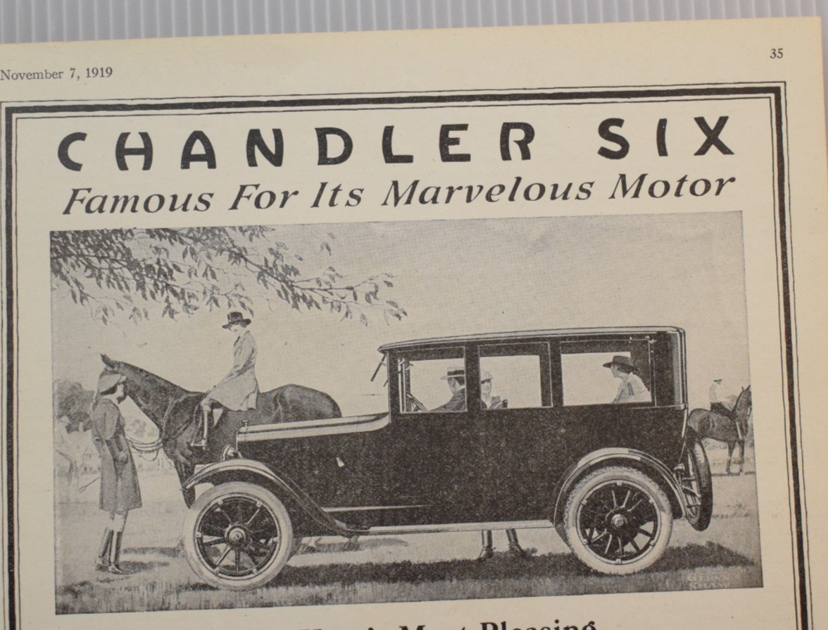 CHANDLER SIX DISPLAY SIGN 1919 VINTAGE MAGAZINE AD CUT SHEET MARVELOUS MOTOR CAR