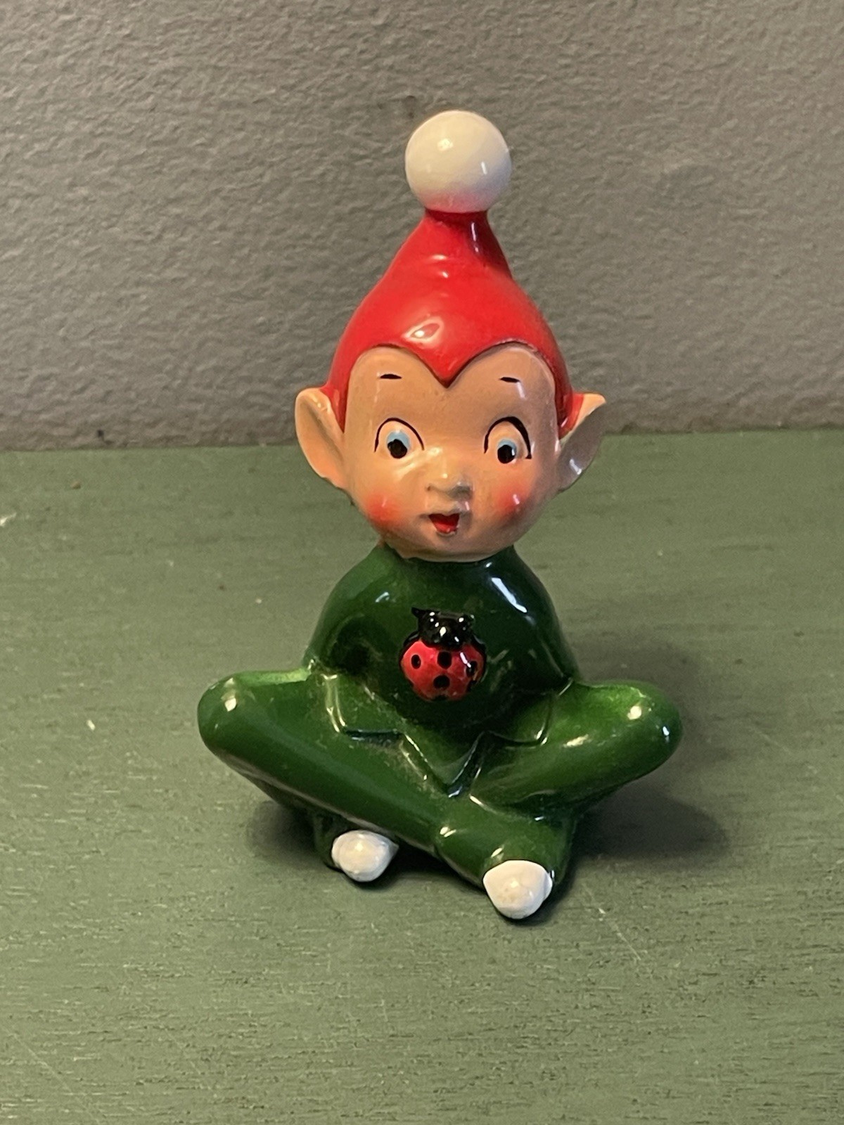 Vintage Ceramic Pixie Elf Figurine 1960’s Hand Painted Red &green Ladybug