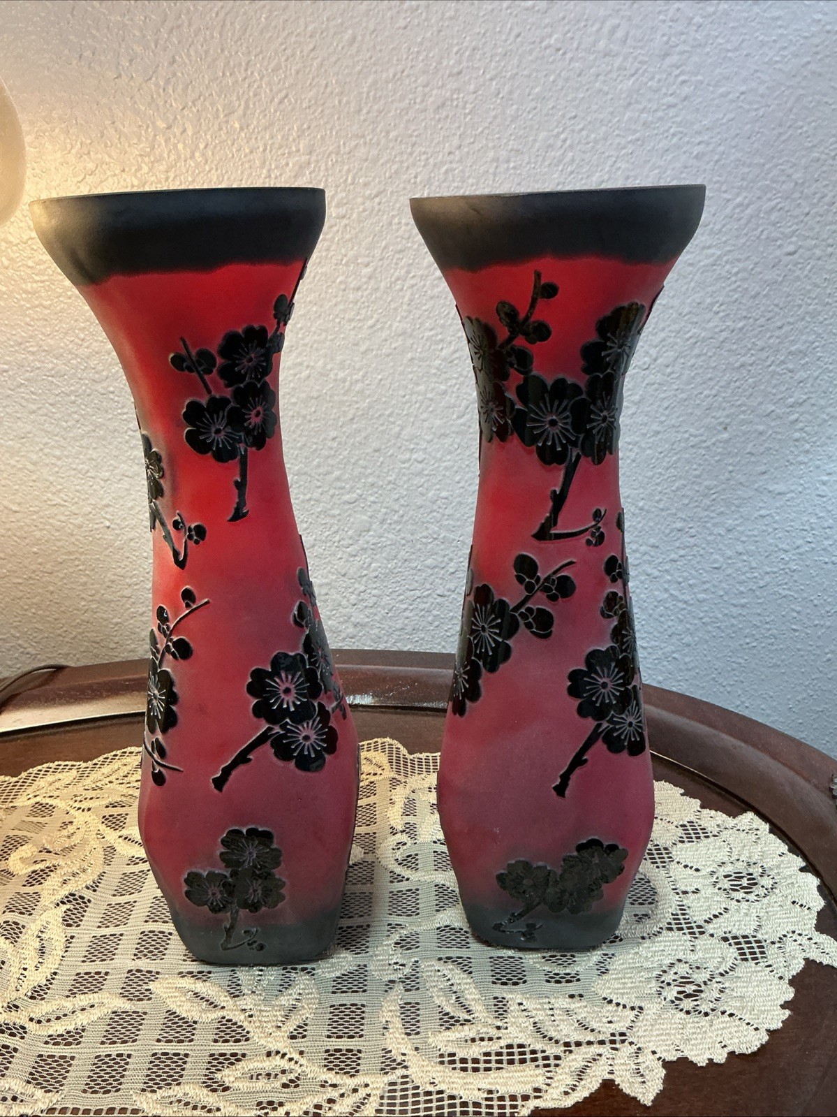 Vintage Red Satin Matte Glass With Black Cherry Blossoms 12\ Vintage Red Satin Matte Glass With Black Cherry Blossoms 12\