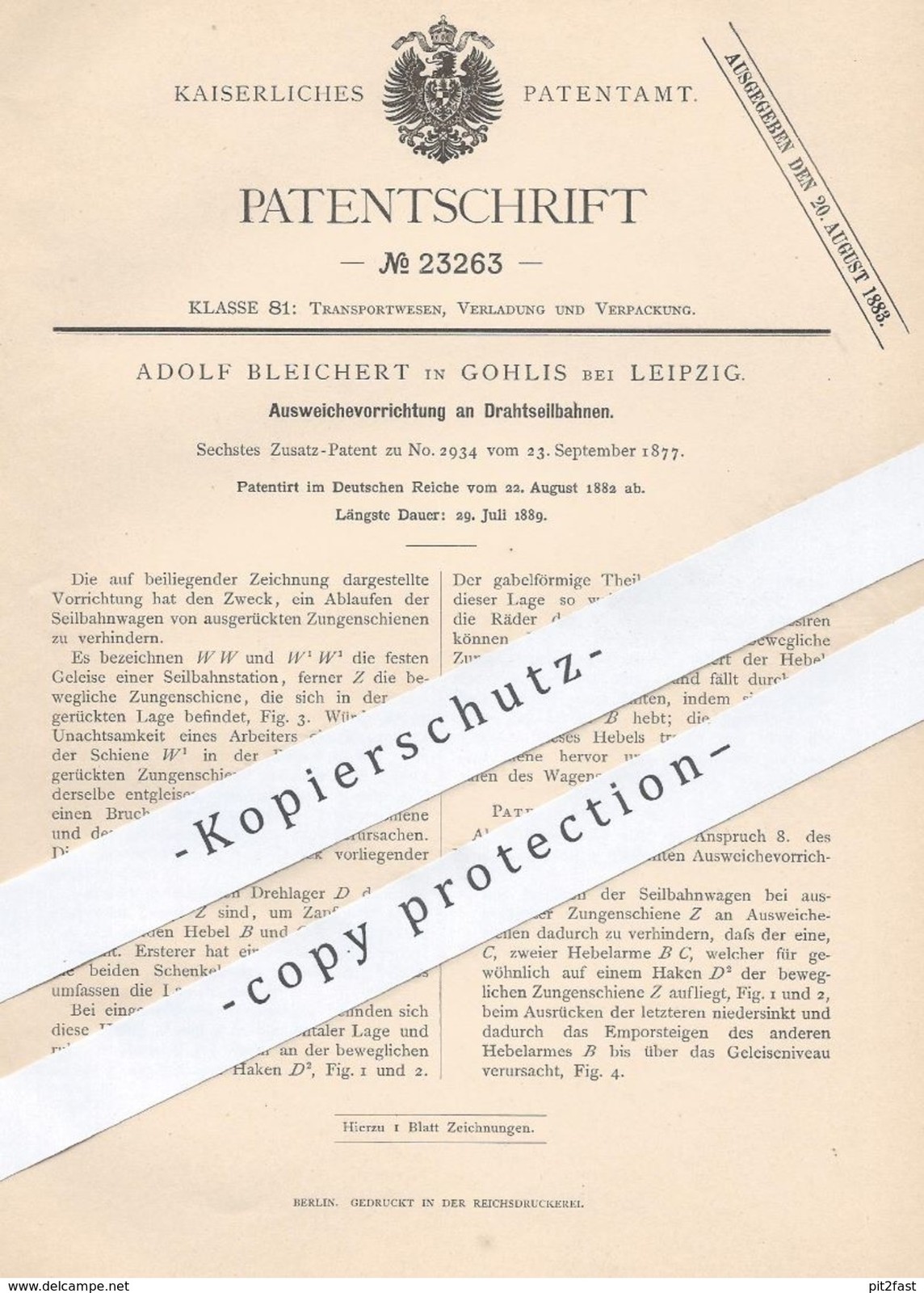 Original patent - Adolf Bleichert, Leipzig/Gohlis, 1882, dodge device Original patent - Adolf Bleichert, Leipzig/Gohlis, 1882, dodge device