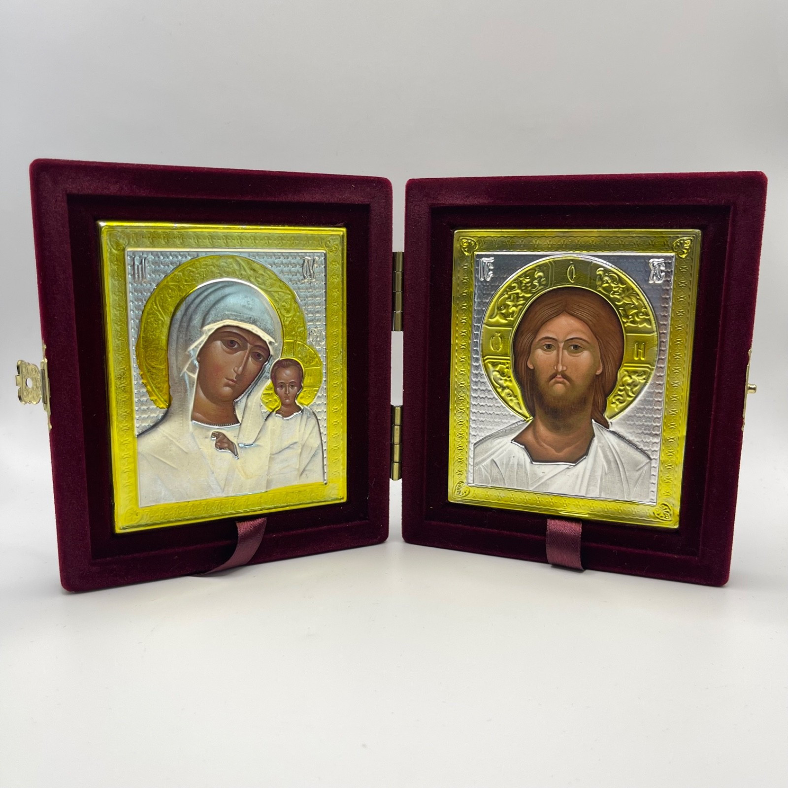 Russian Orthodox Icon Diptych Christ & Madonna Byzantine Style Velvet Case