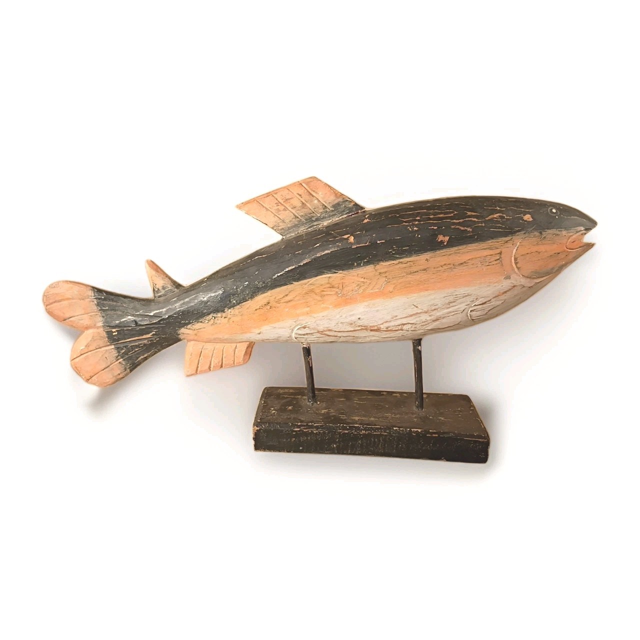 MCM Hand Carved Large Fish Sculpture on Display Stand  Mid Century Modern 