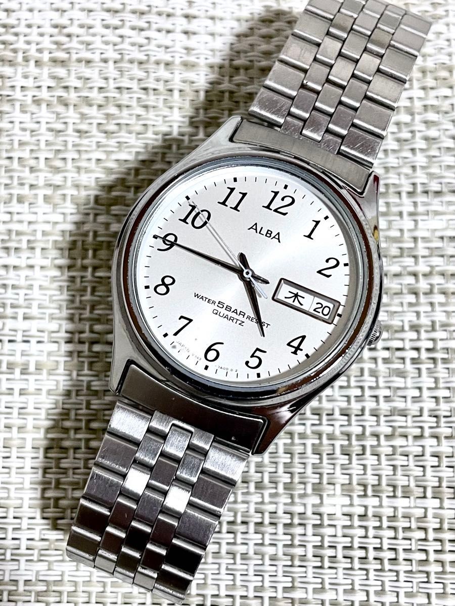 SEIKO ALBA Day Date Silver Full Metal Kanji Dial Genuine Band Watch 1992