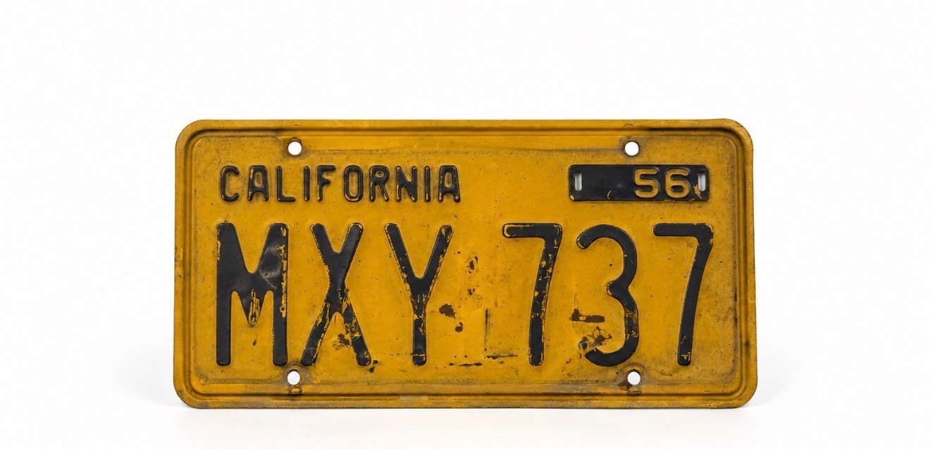 1956 California License Plate MXY 737 Original Black Yellow 56 Tab Vintage