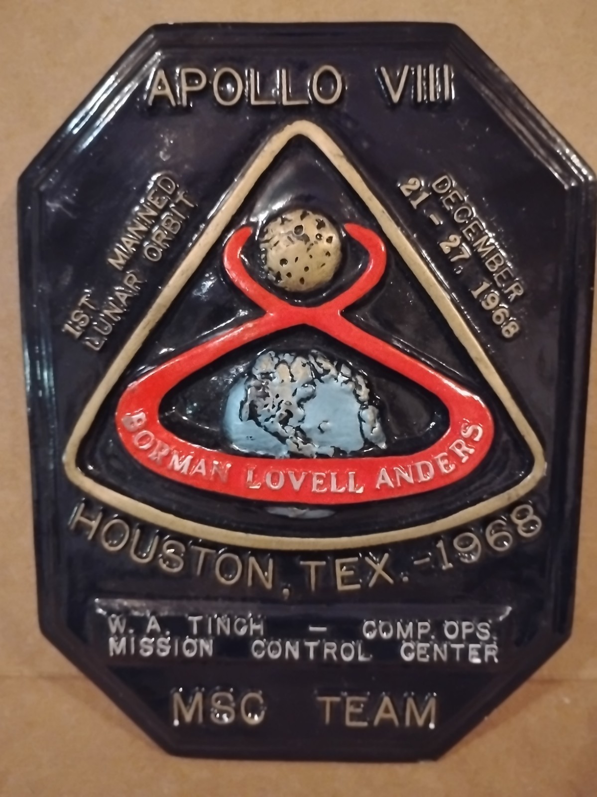 SUPER RARE Vintage Apollo 8 MSC Team Plaque Houston Tx 1968
