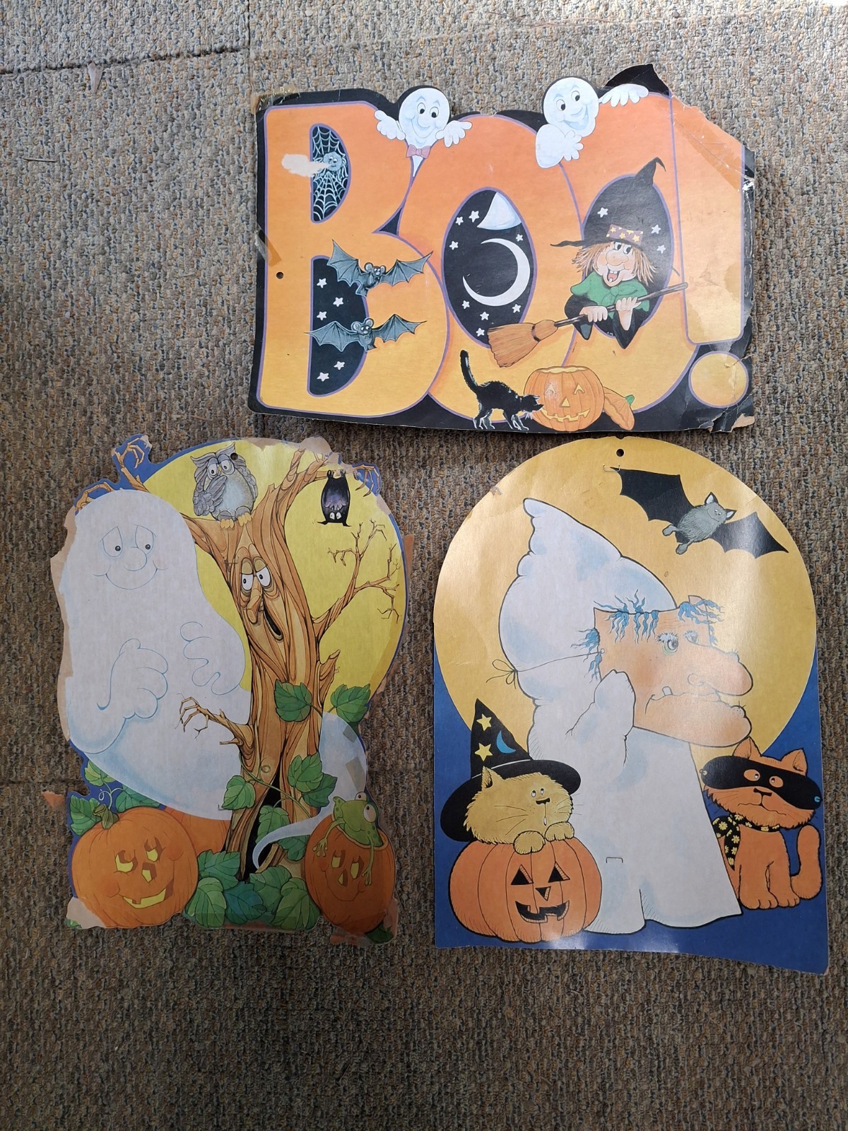 Vintage 70s Eureka Halloween Die Cut Decorations Witch Ghost JOL Bat Cat Lot 3