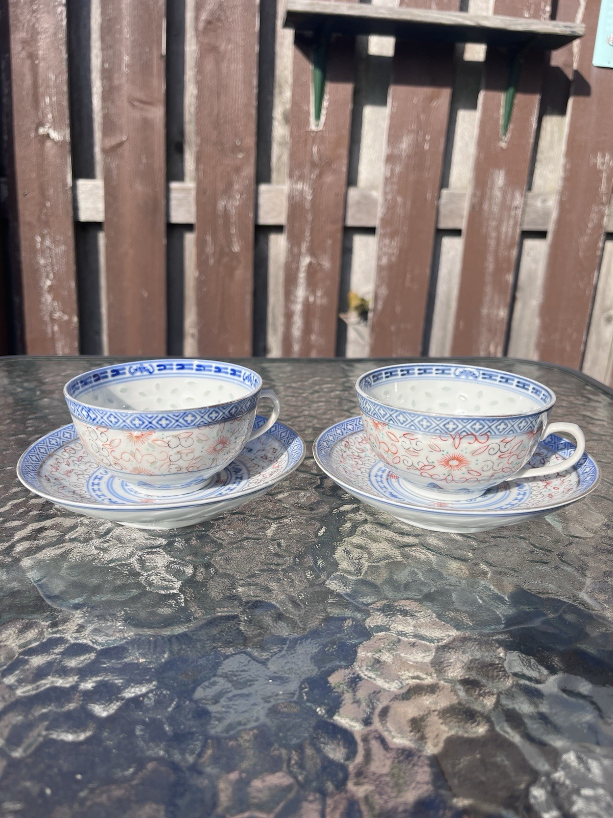 Set of 2, VTG Chinese Blue White Rice Eye Tea Cups & Saucers, Dragon, Play Jade Set of 2, VTG Chinese Blue White Rice Eye Tea Cups & Saucers, Dragon, Play Jade