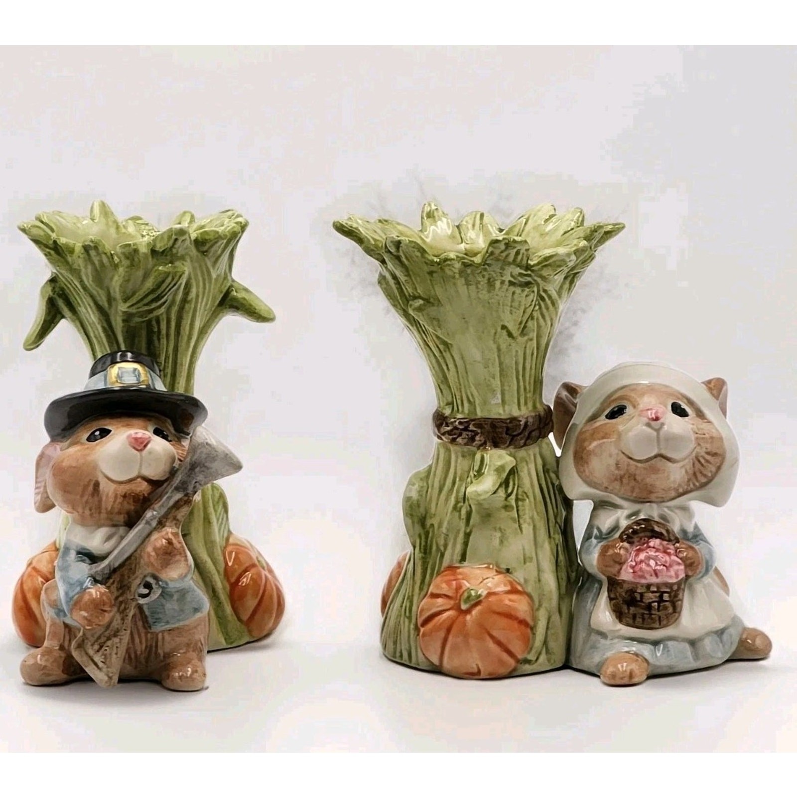 Fitz & Floyd Mayflower Mouse Candle Holder Set Thanksgiving Pilgrim VTG 1993