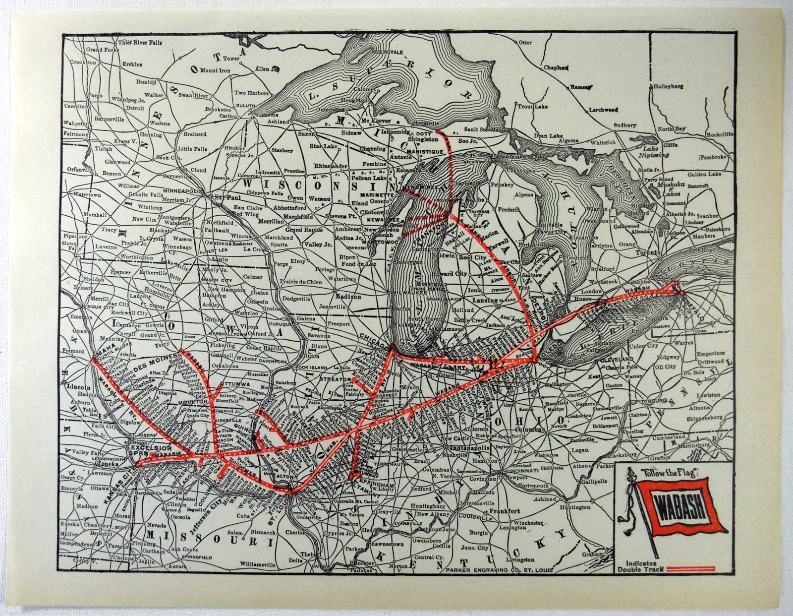 Wabash Railroad - Original 1929 System Map by Parker Engraving. Vintage