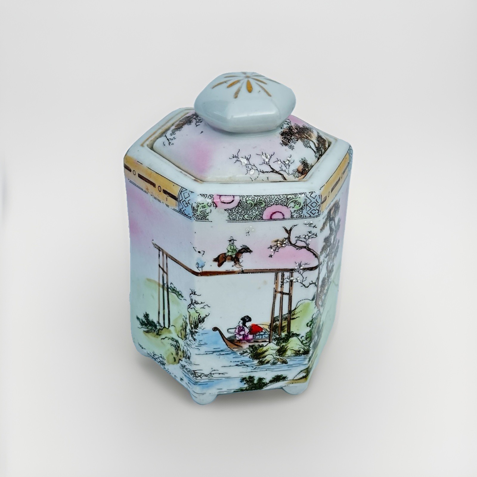 Vintage E-OH Nippon Hand Painted Hexagon Covered Ginger Jar Tea Caddy Scenic Vintage E-OH Nippon Hand Painted Hexagon Covered Ginger Jar Tea Caddy Scenic