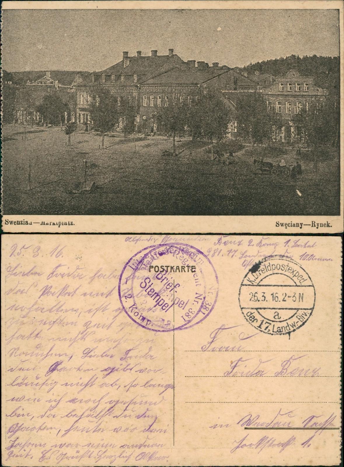 Postcard Swenzian Święciany market Rynek 1916 Lietuva field postmark