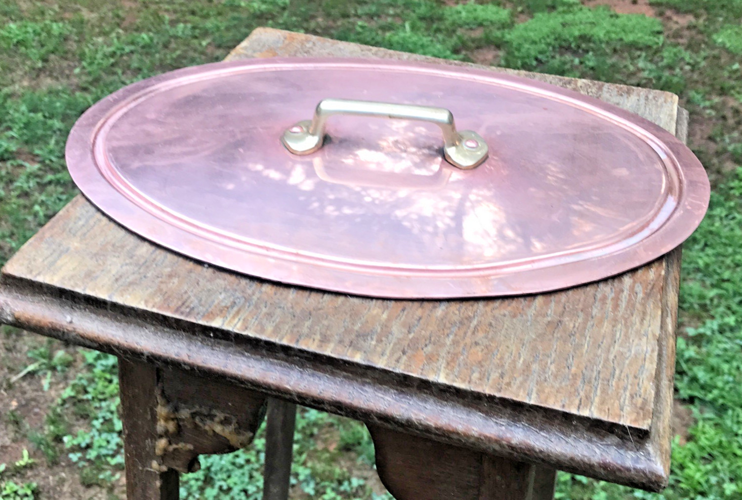 VINTAGE FRENCH OVAL COPPER PAN POT LID 12.25 VINTAGE FRENCH OVAL COPPER PAN POT LID 12.25