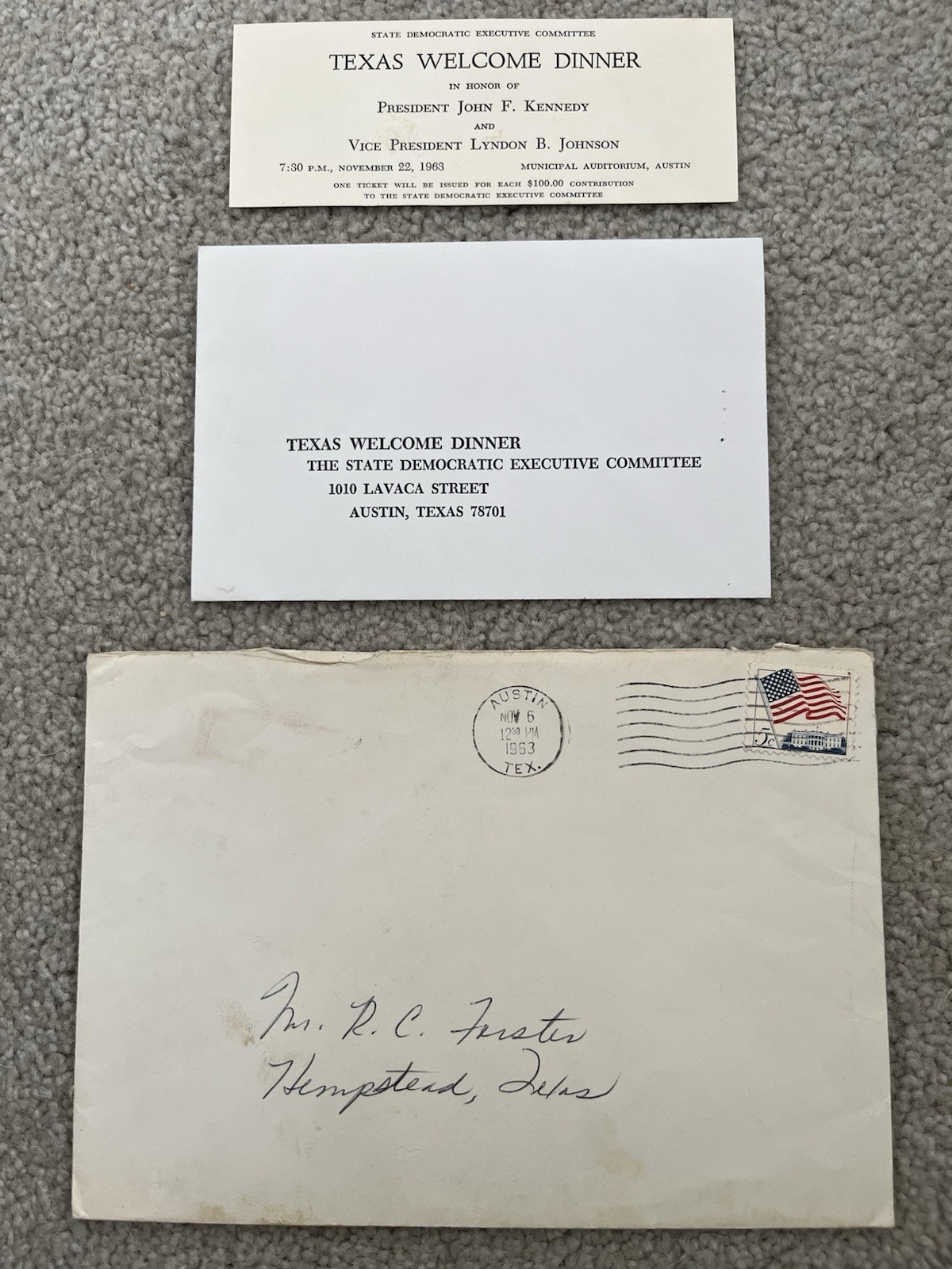NOV 1963 JFK TEXAS WELCOME DINNER CONTRIBUTION TICKET W/Original Envelopes RARE NOV 1963 JFK TEXAS WELCOME DINNER CONTRIBUTION TICKET W/Original Envelopes RARE
