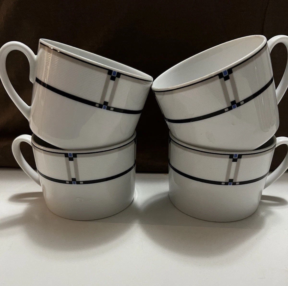 Studio Nova Exhibition Y0290 Mugs Set Of 4 Geometric Grid Black Band Vintage Cup