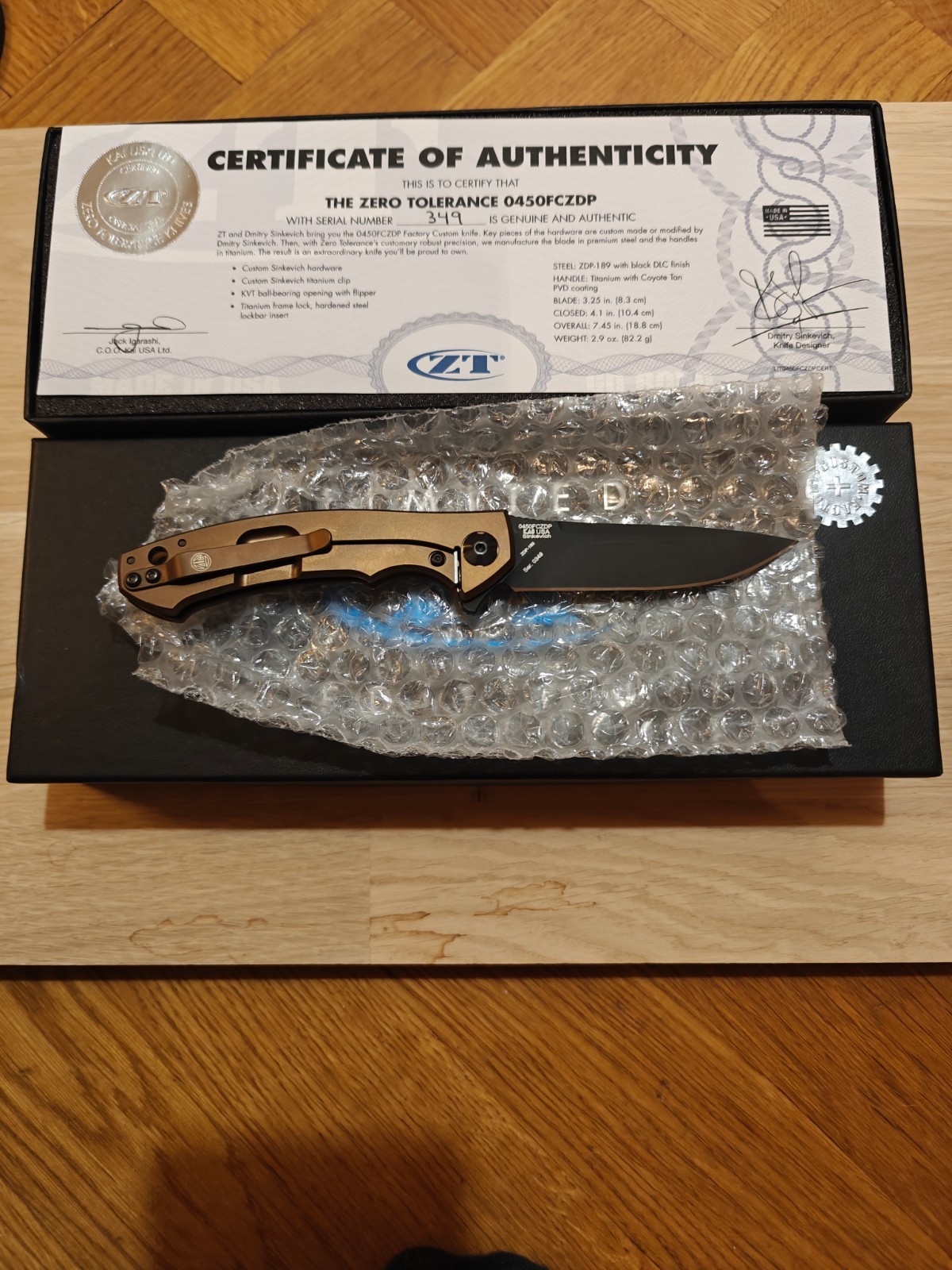 Zero Tolerance ZT 0450FCZDP Mint Condition w/ Box, Certificate & Papers