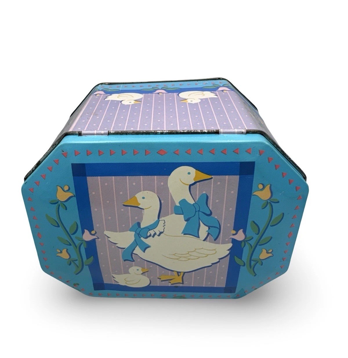 Vintage 1980s Country Goose Metal Tin Canister Blue Pink Lidded Kitchen Decor