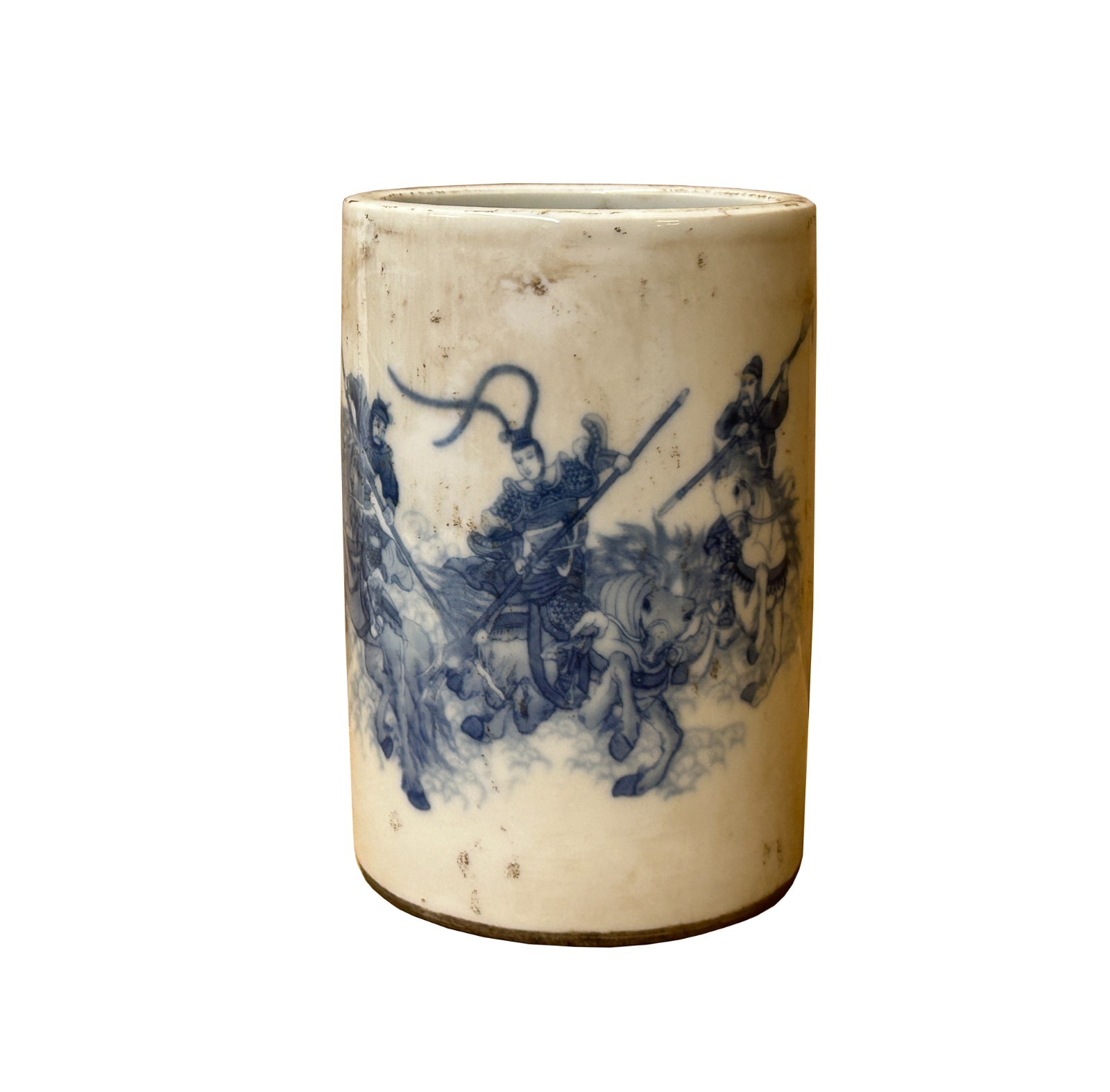 Chinese Distressed White Porcelain Blue Warrior Horse Graphic Holder Vase GB688