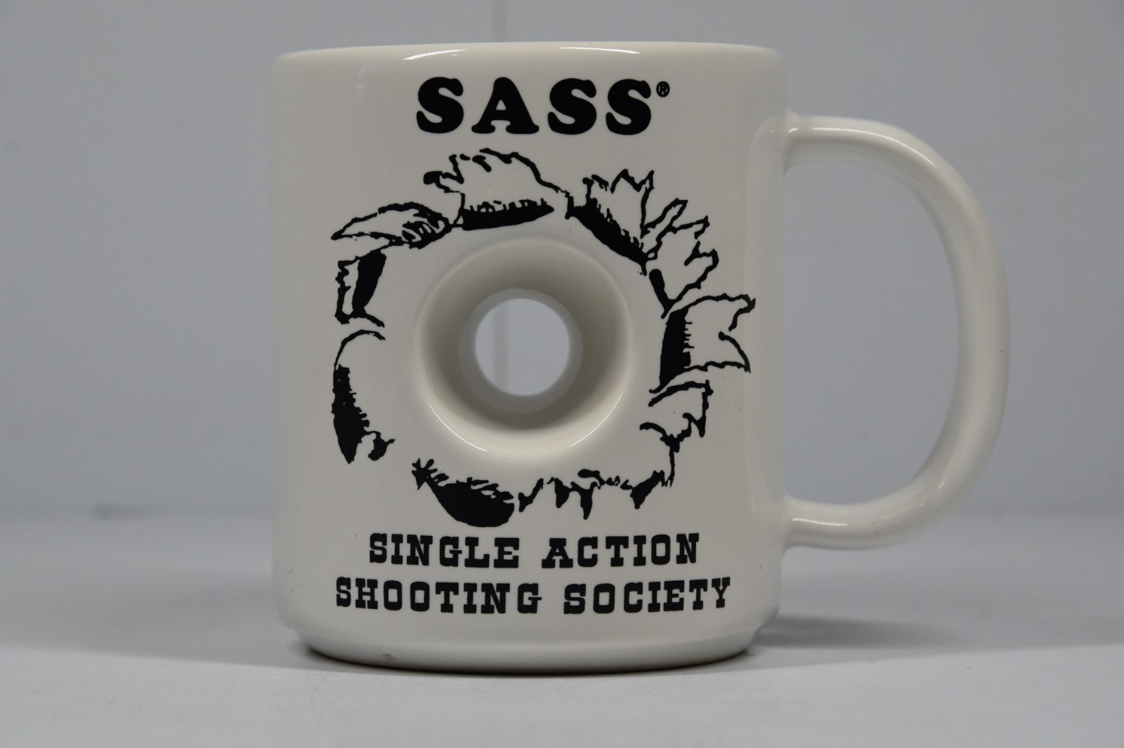 Vintage SASS Single Action Shooting Society Coffee Mug Cup NRA Gunshot Hole USA