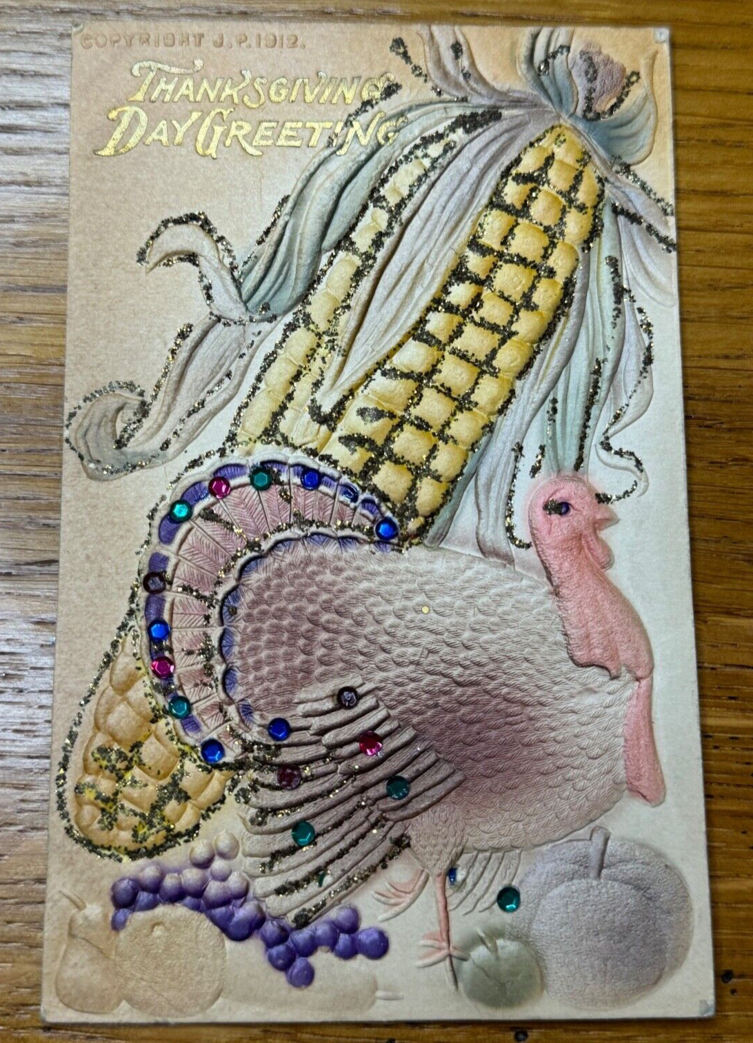 Antique Embossed Thanksgiving Day Greeting Postcard Rhinestone Glitter Turkey Antique Embossed Thanksgiving Day Greeting Postcard Rhinestone Glitter Turkey