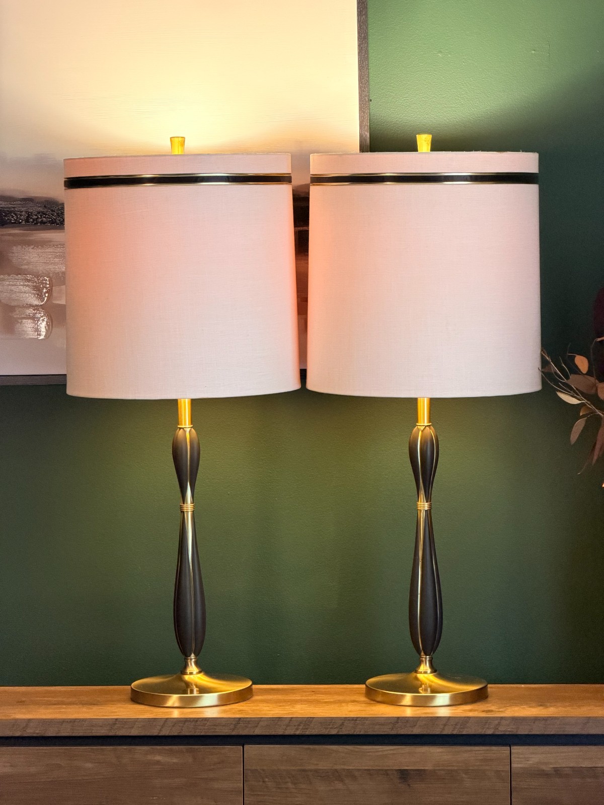 Pair Vintage Rembrandt MCM Brass Black Table Lamps Glass Diffusers 1950s 60s
