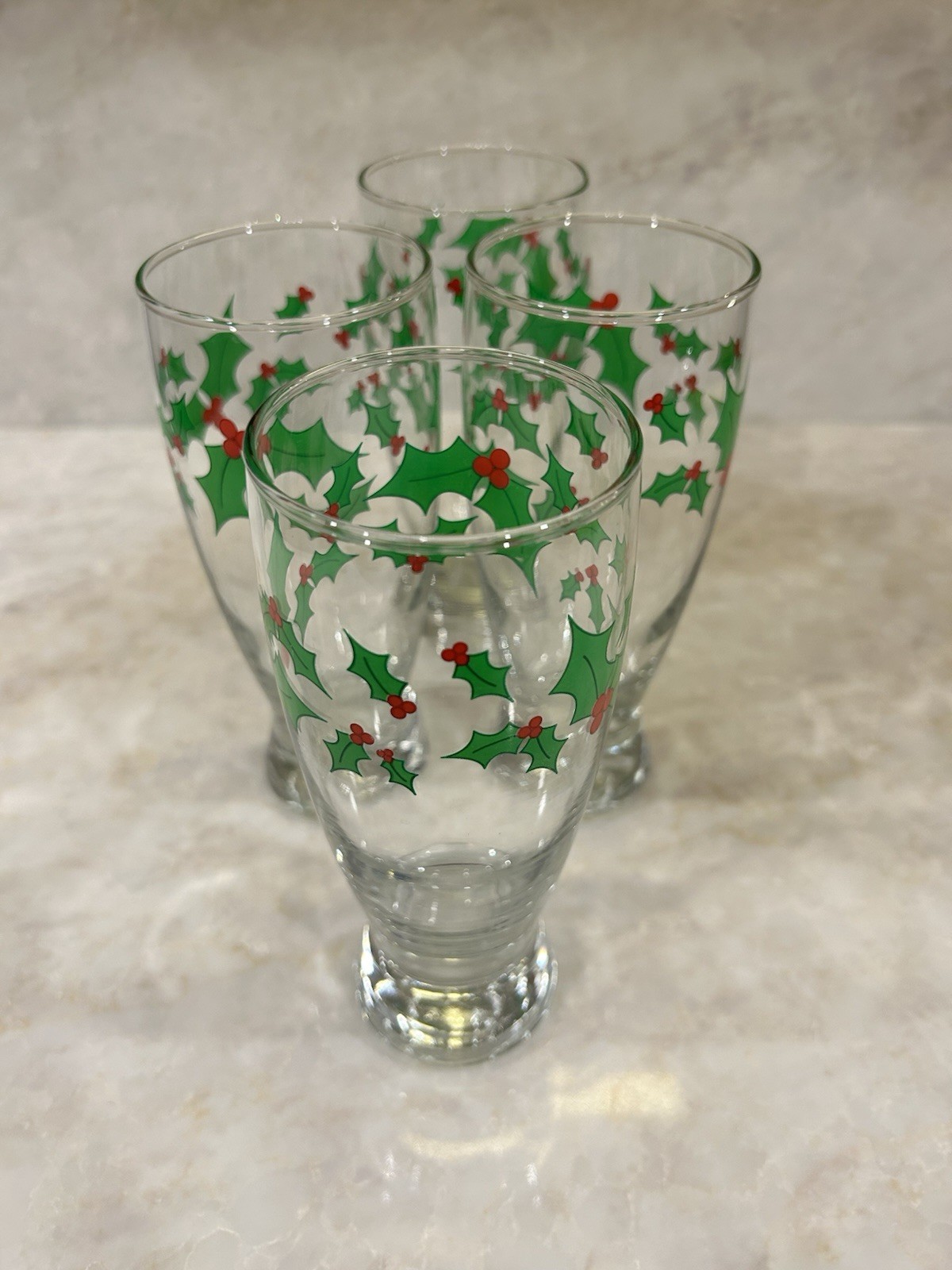 Vintage Set of 4 Pilsner Glasses with Christmas Holly Design