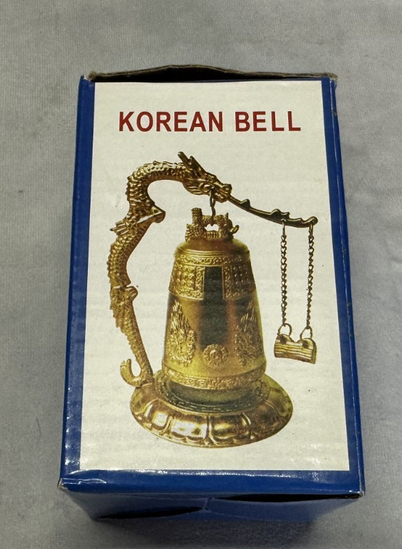Vintage Korean Bell Dragon Brass on Stand with Chain and Hammer Gong w/Box