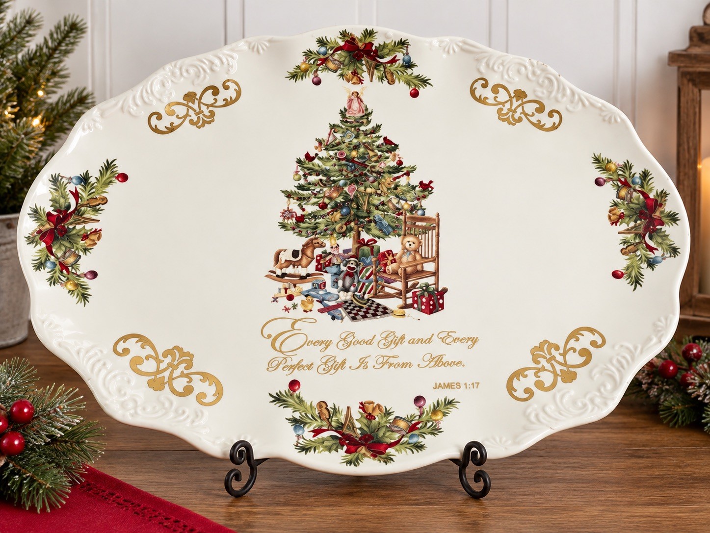 Vintage Traditional Christmas Tree Platter Scripture James 1:17 Oval Serving Box