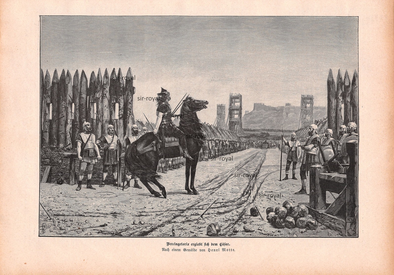 Vercingetorix Surrenders to Cesar - 1892 - Historical Woodblock Print ~22x31cm