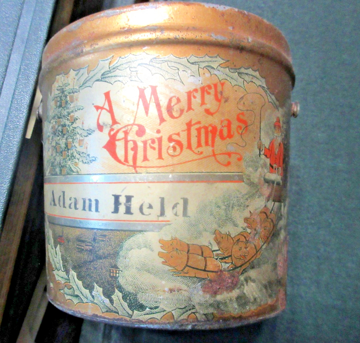 BEST Antique A Merry Christmas & New Year Candy Tin Pail \ BEST Antique A Merry Christmas & New Year Candy Tin Pail \