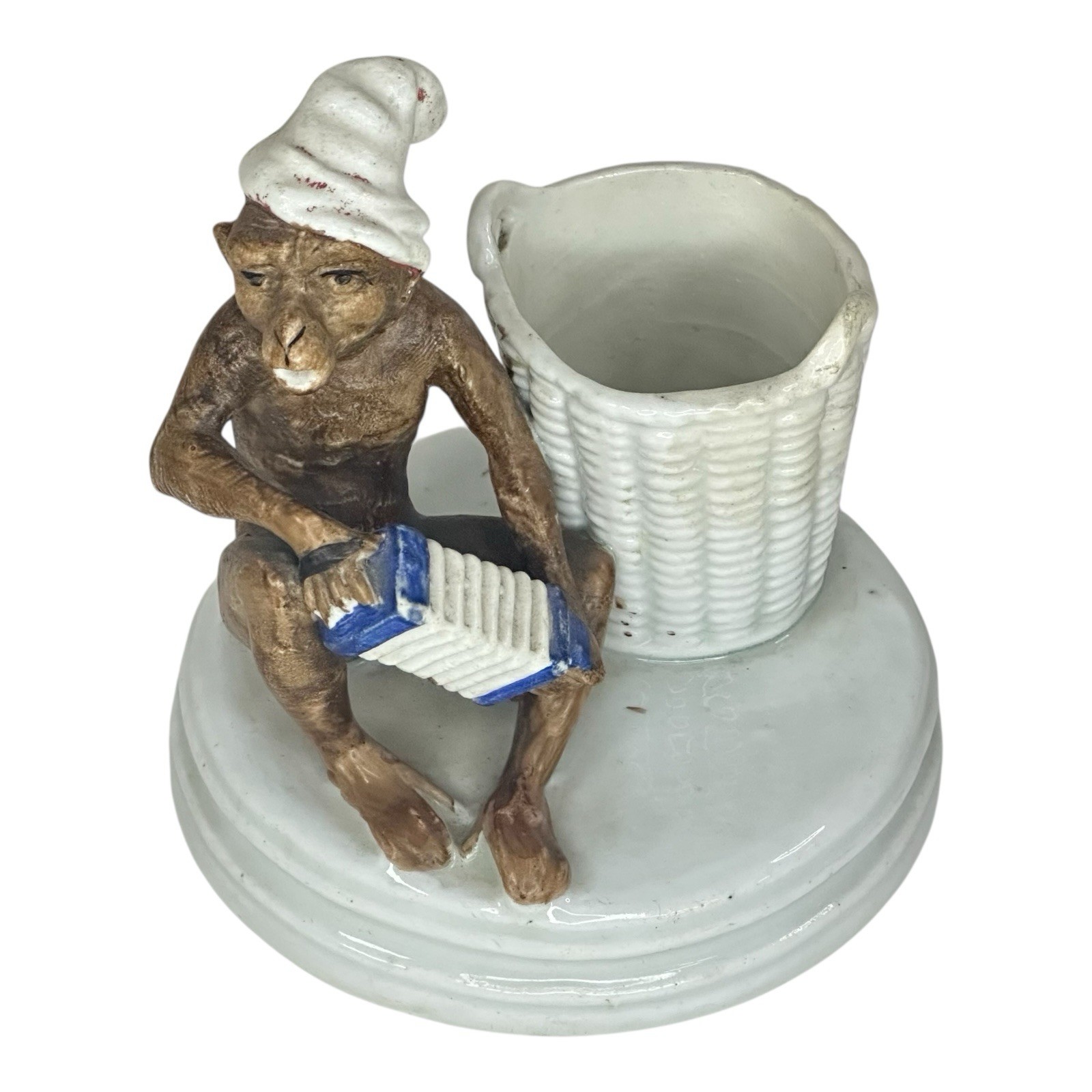 Antique French Ceramic Match Holder Monkey Playing Accordion Sarreguemines Style