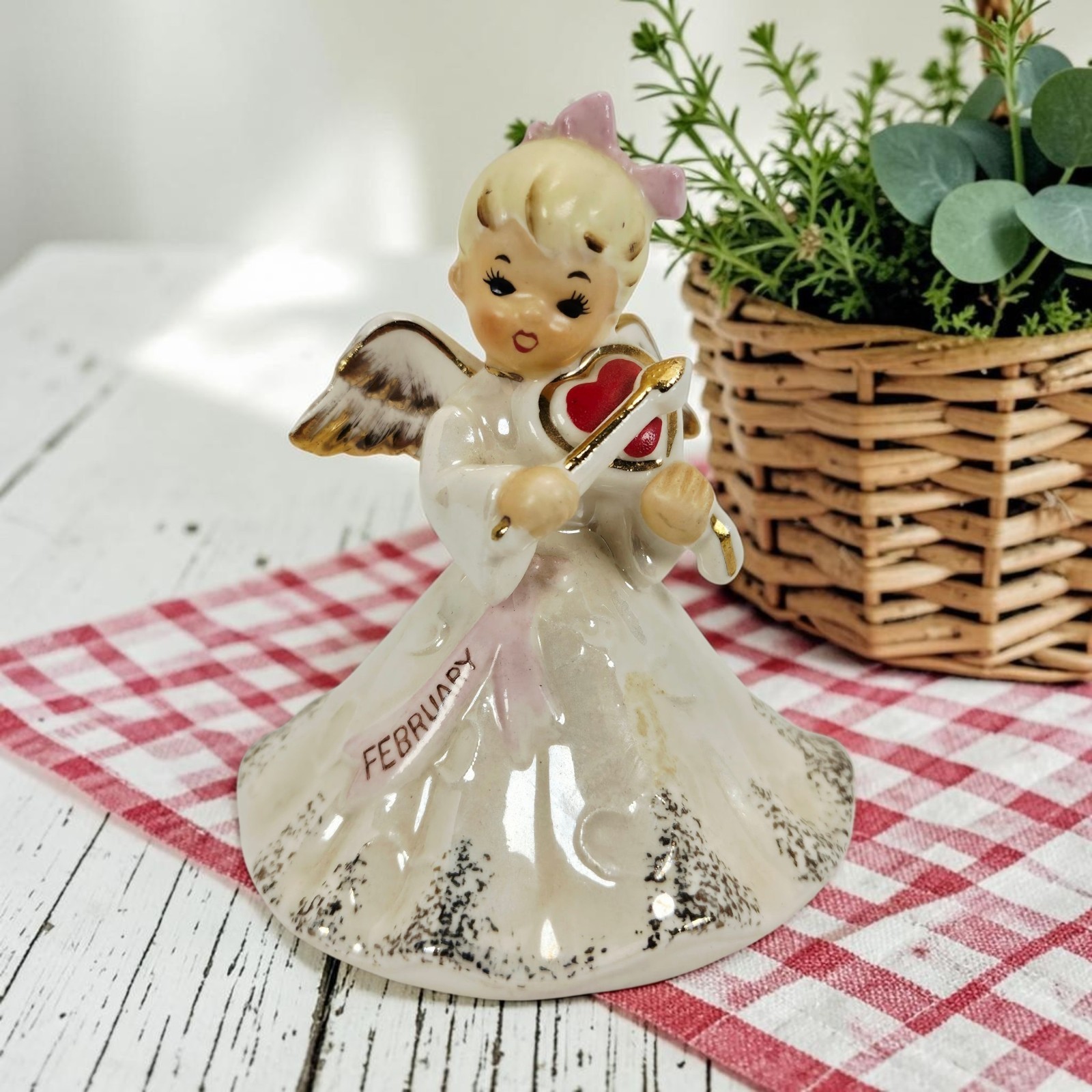 VTG Norcrest February Angel Wings Blonde Figurine Heart Pink Bow Japan 3.75\ VTG Norcrest February Angel Wings Blonde Figurine Heart Pink Bow Japan 3.75\