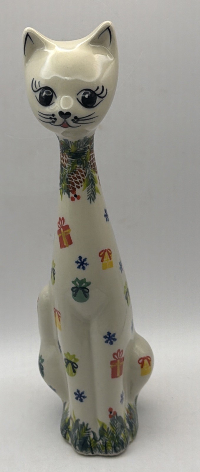 Kalich Cat Figurine Polish Pottery Handpainted Christmas 10” Kalich Cat Figurine Polish Pottery Handpainted Christmas 10”