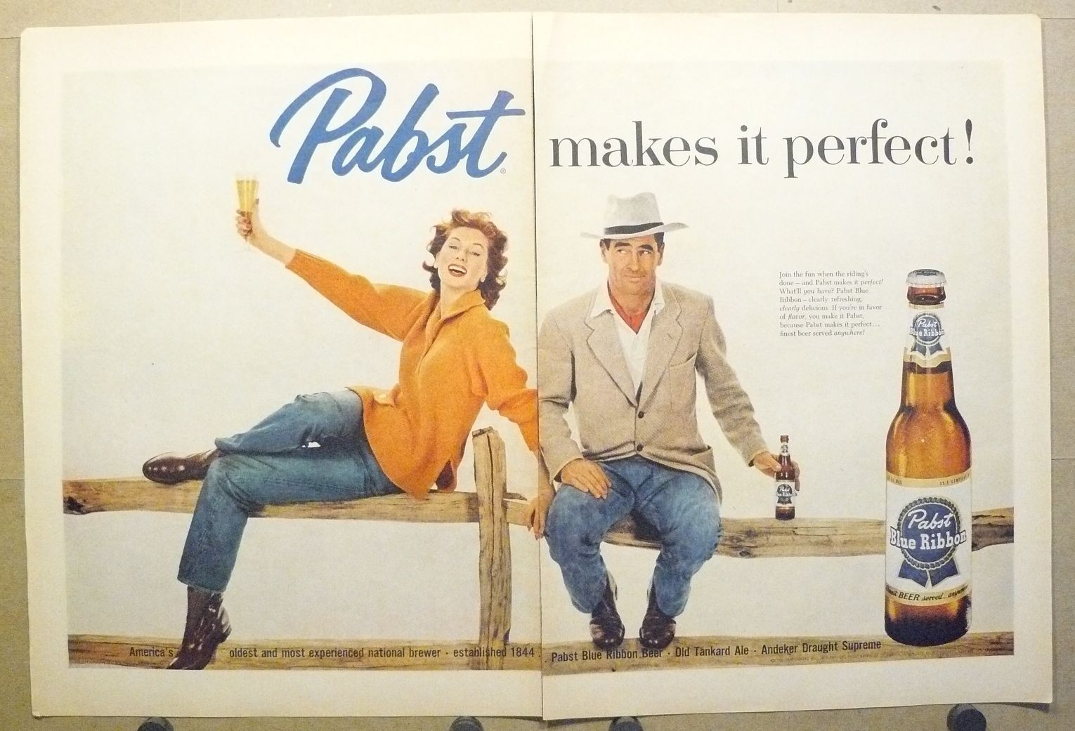 1958 Pabst Blue Ribbon Vintage 2-Page Print Ad Fedora Ivy League Preppy Decor 1958 Pabst Blue Ribbon Vintage 2-Page Print Ad Fedora Ivy League Preppy Decor