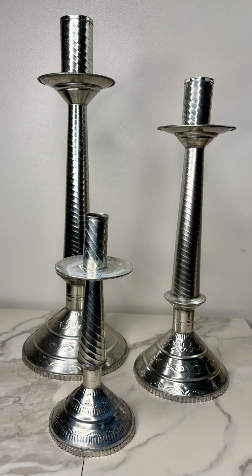 3- Unique Vintage Spanish Forged Silver Forged Tin Candlestick Trio Weighted