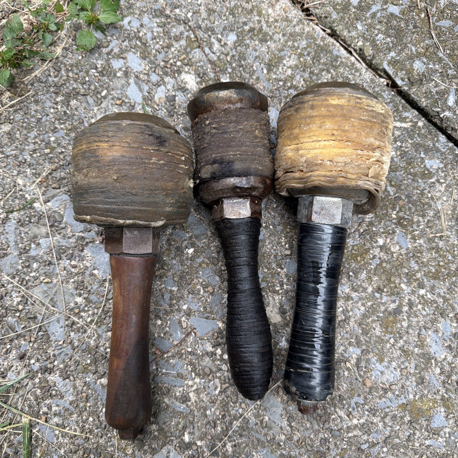 3 Antique Cast Iron & Leather Rawhide Maul Wood Carving Mallet Tool Hammer 