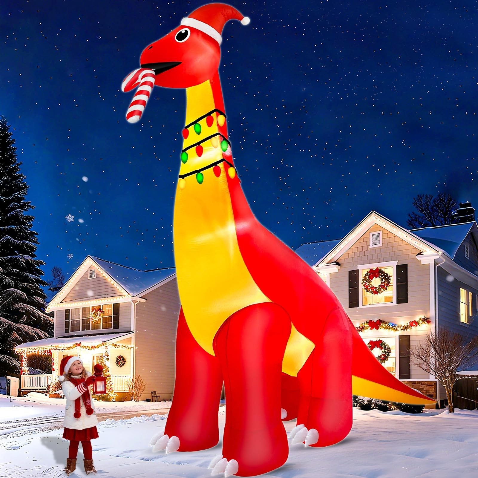 16Ft Ht x 18FT Long Super Giant Christmas Inflatable Dinosaur with Candy Cane Bl