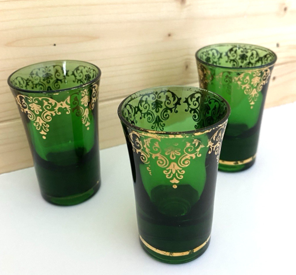Vintage Emerald Green Gold Accent Shot Glasses Set Mid Century Retro Barware