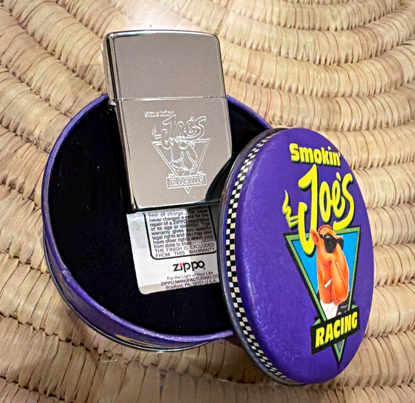 1994 Camel Smokin\' Joe\'s Racing Chrome Zippo Lighter Unused Unfired Mint in Tin